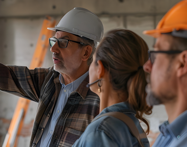 Three construction workers on commercial construction job site discussing future plans while looking off camera.