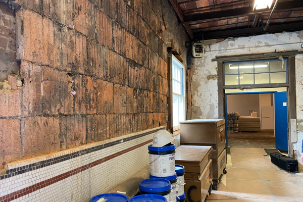 Major renovation of historic building showing original brickwork.