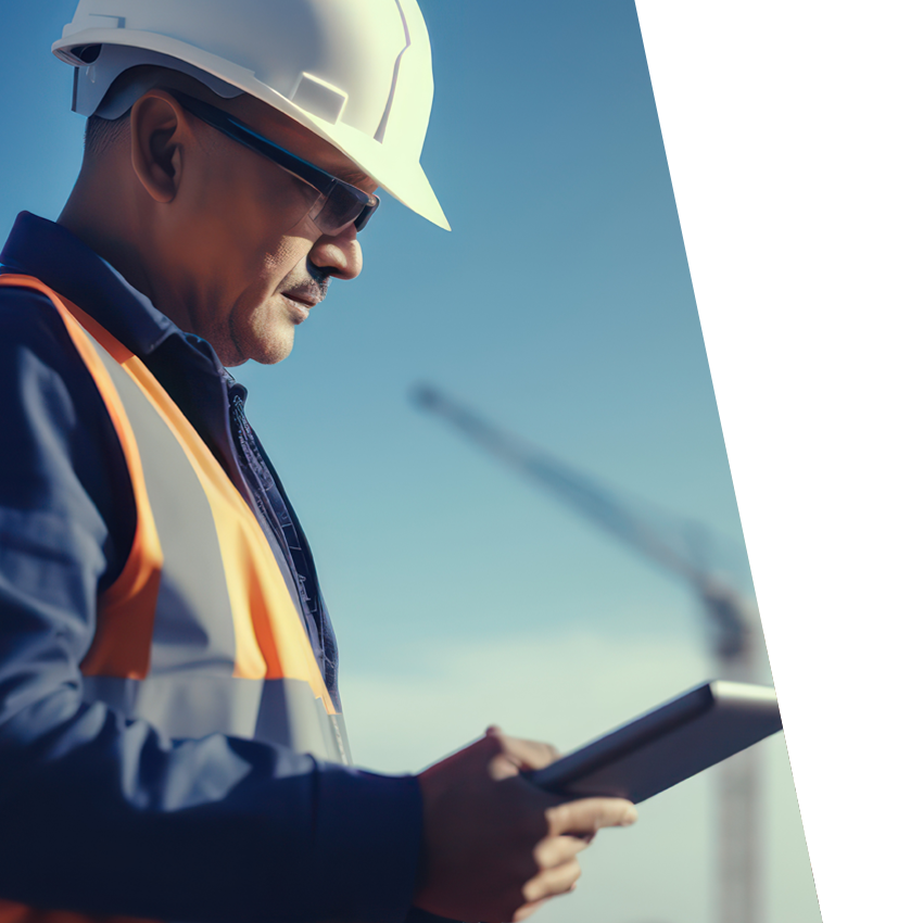 Male construction worker in safety vest viewing a tablet held in his hands with a construction crane blurred in background.