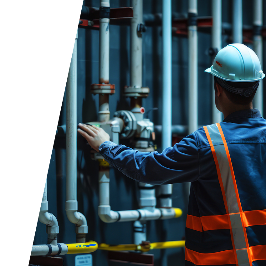 Construction worker standing in front of multiple pipes evaluating water shutoff valve.