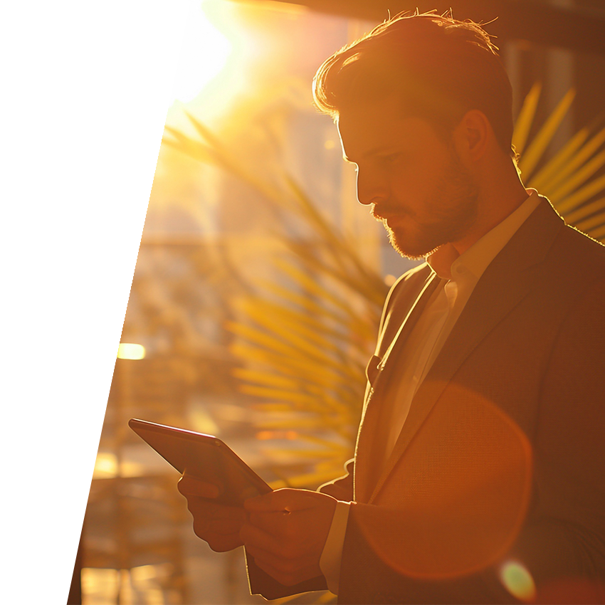 Man wearing a suit holds a tablet while standing in a strong ray of sunlight.