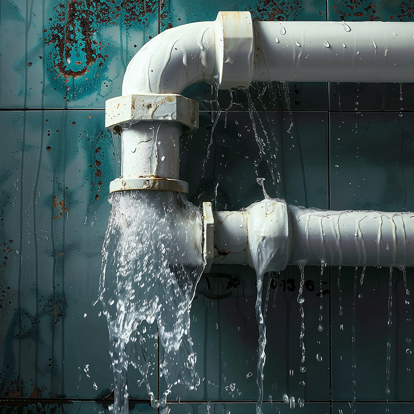 White U-shaped pipe leaking water from multiple joints in front of a teal green tiled wall.