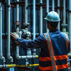 Construction worker standing in front of multiple pipes evaluating water shutoff valve.