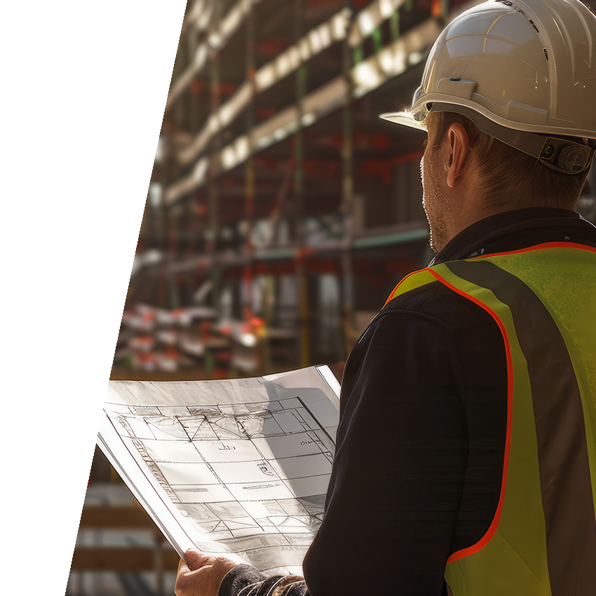 Man reviewing blueprint while standing in front of multi-story construction site.