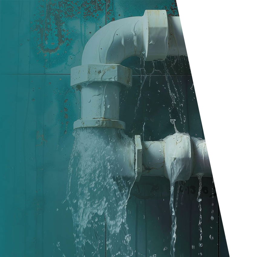 White U-shaped pipe leaking water from several joints placed in front of teal tiled wall with teal green gradient overlay.